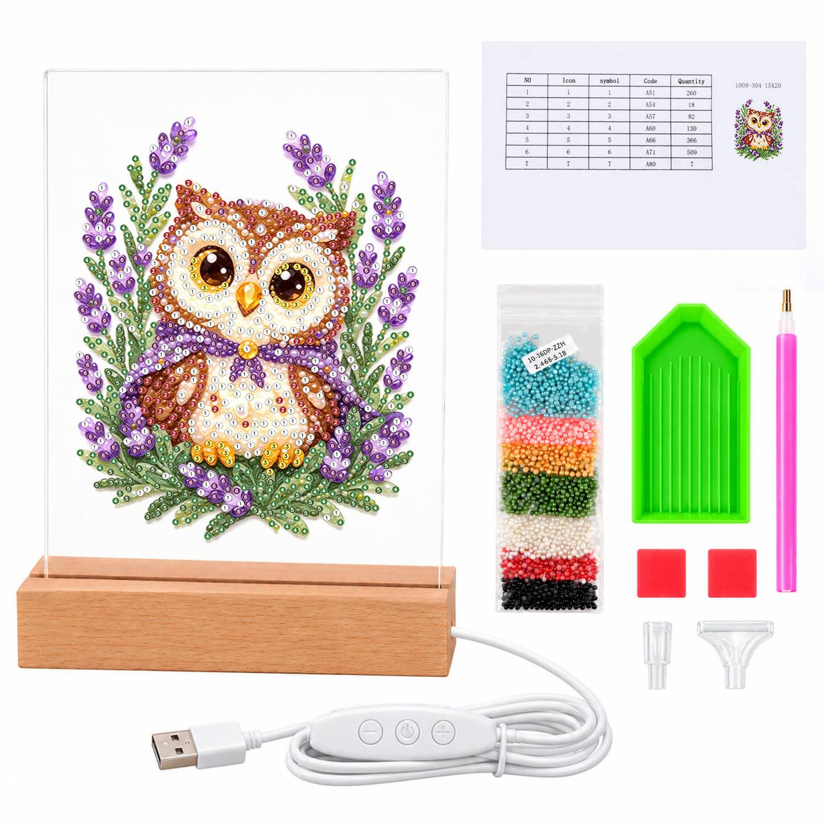 Little Owl in Lavender Fields (Light-Up Pearl Painting)