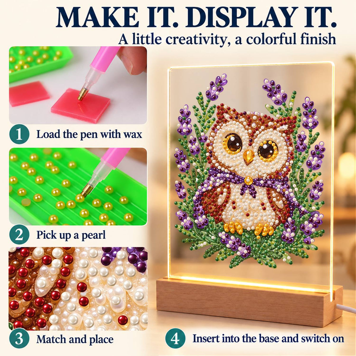 Little Owl in Lavender Fields (Light-Up Pearl Painting)