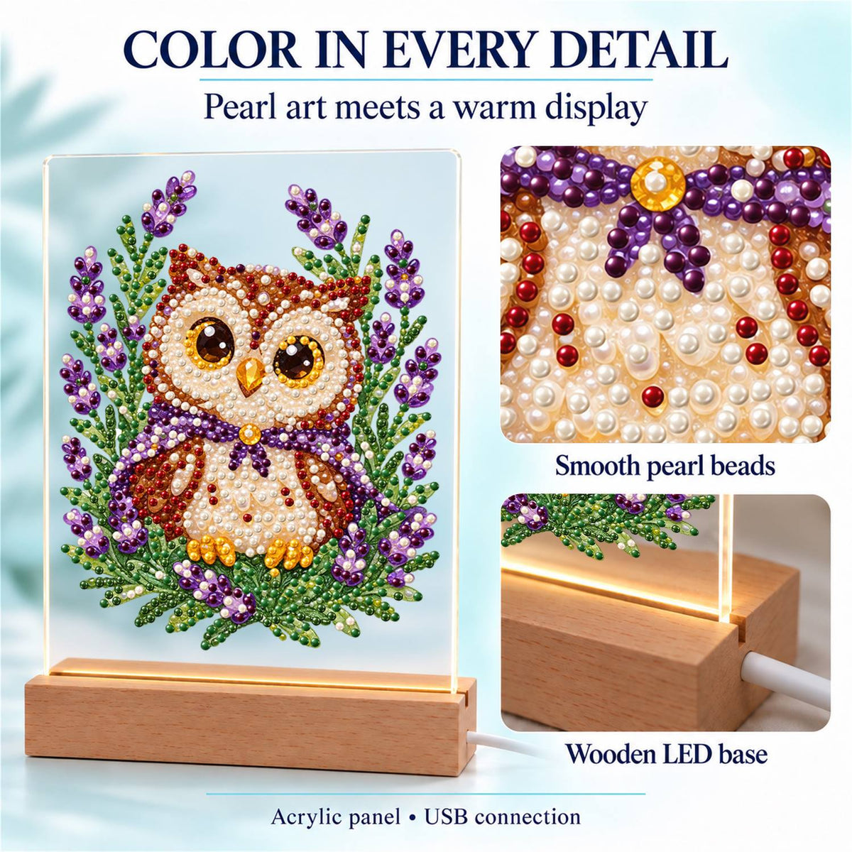 Little Owl in Lavender Fields (Light-Up Pearl Painting)
