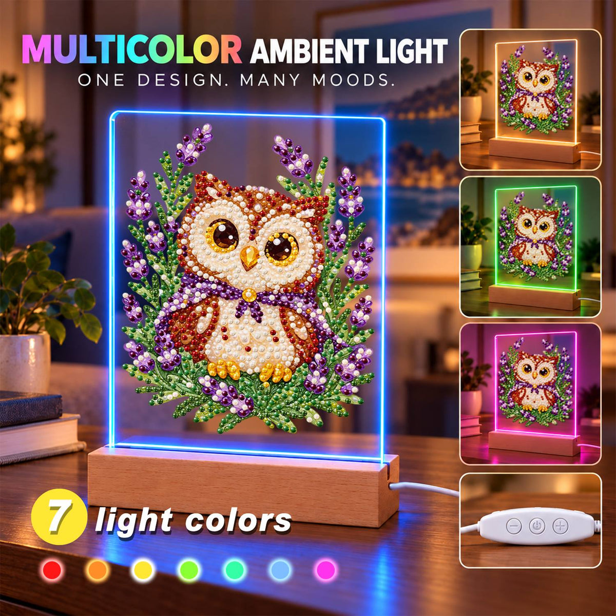 Little Owl in Lavender Fields (Light-Up Pearl Painting)