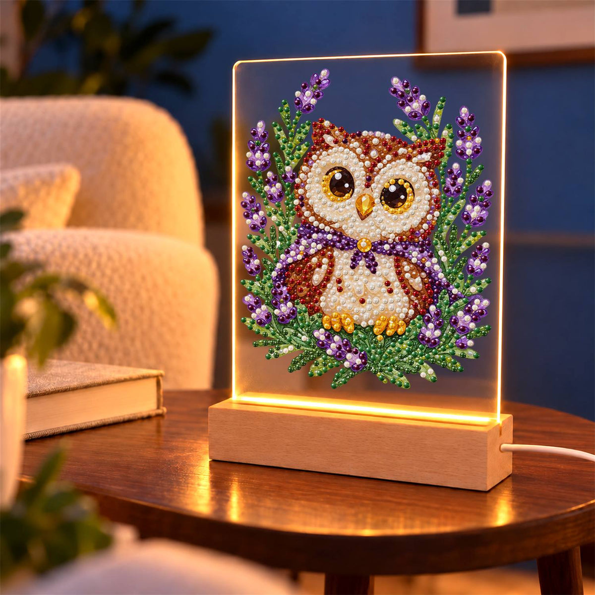 Little Owl in Lavender Fields (Light-Up Pearl Painting)