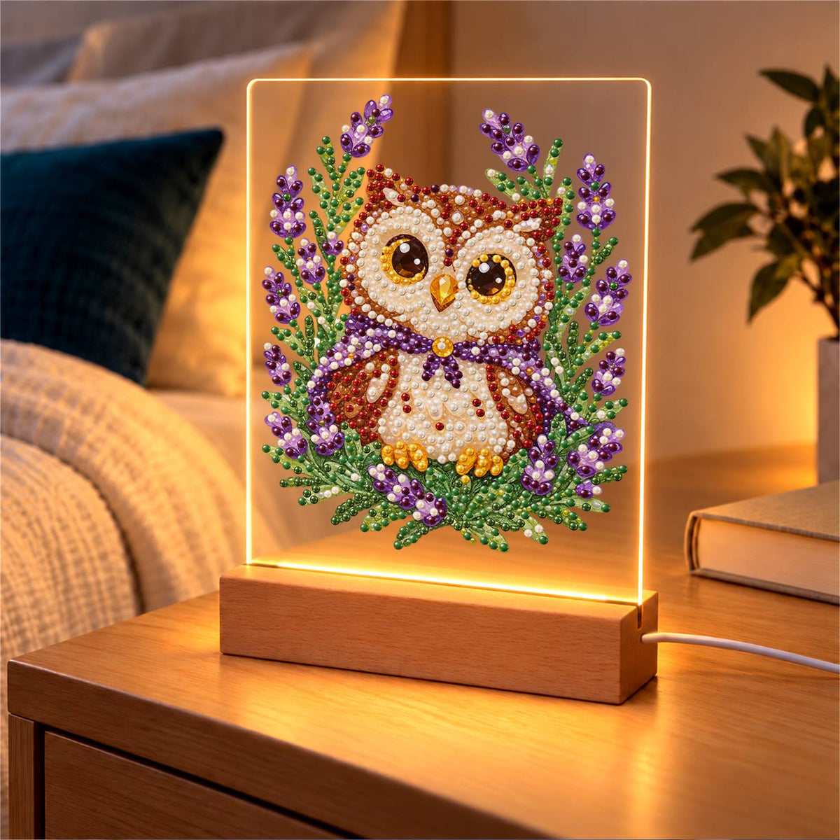 Little Owl in Lavender Fields (Light-Up Pearl Painting)