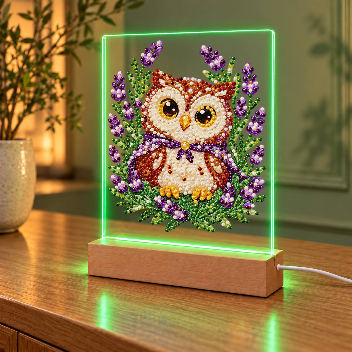 Little Owl in Lavender Fields (Light-Up Pearl Painting)