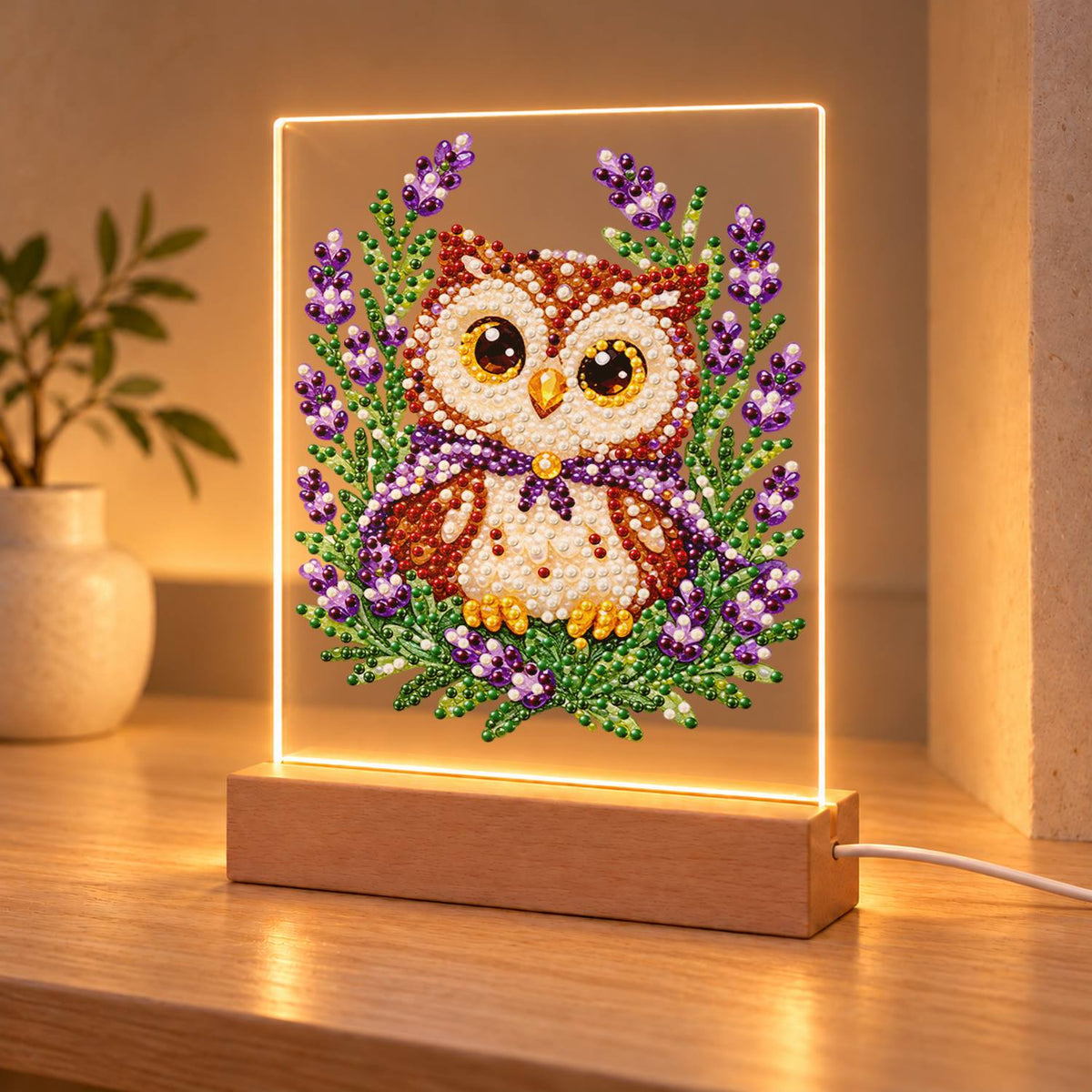 Little Owl in Lavender Fields (Light-Up Pearl Painting)
