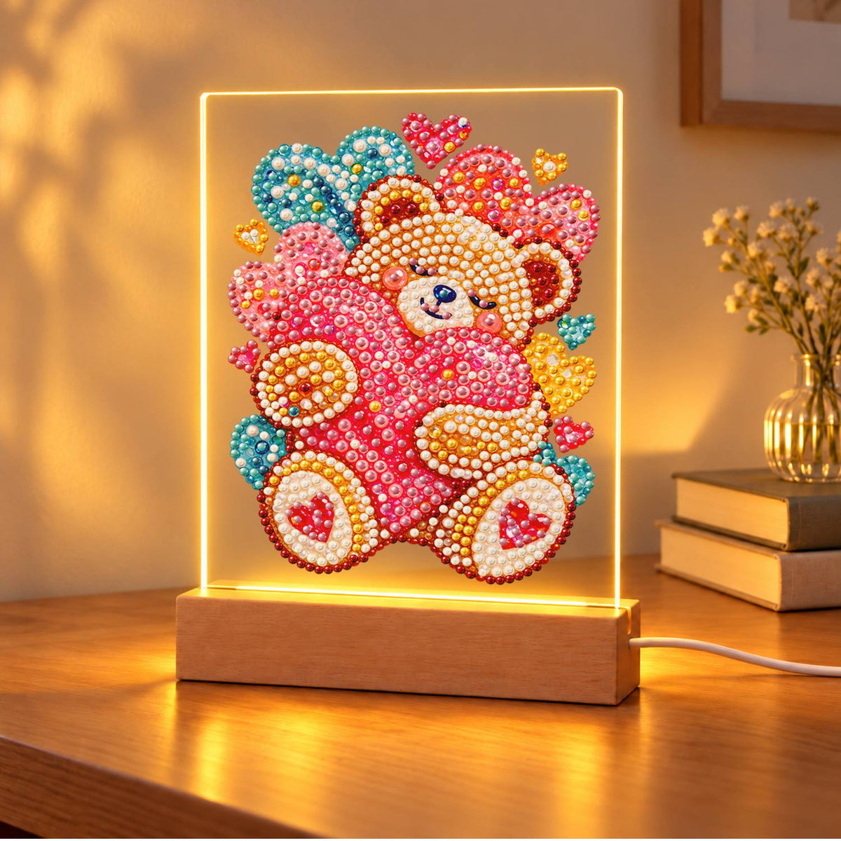 Teddy Bear Hugging a Pink Heart (Light-Up Pearl Painting)