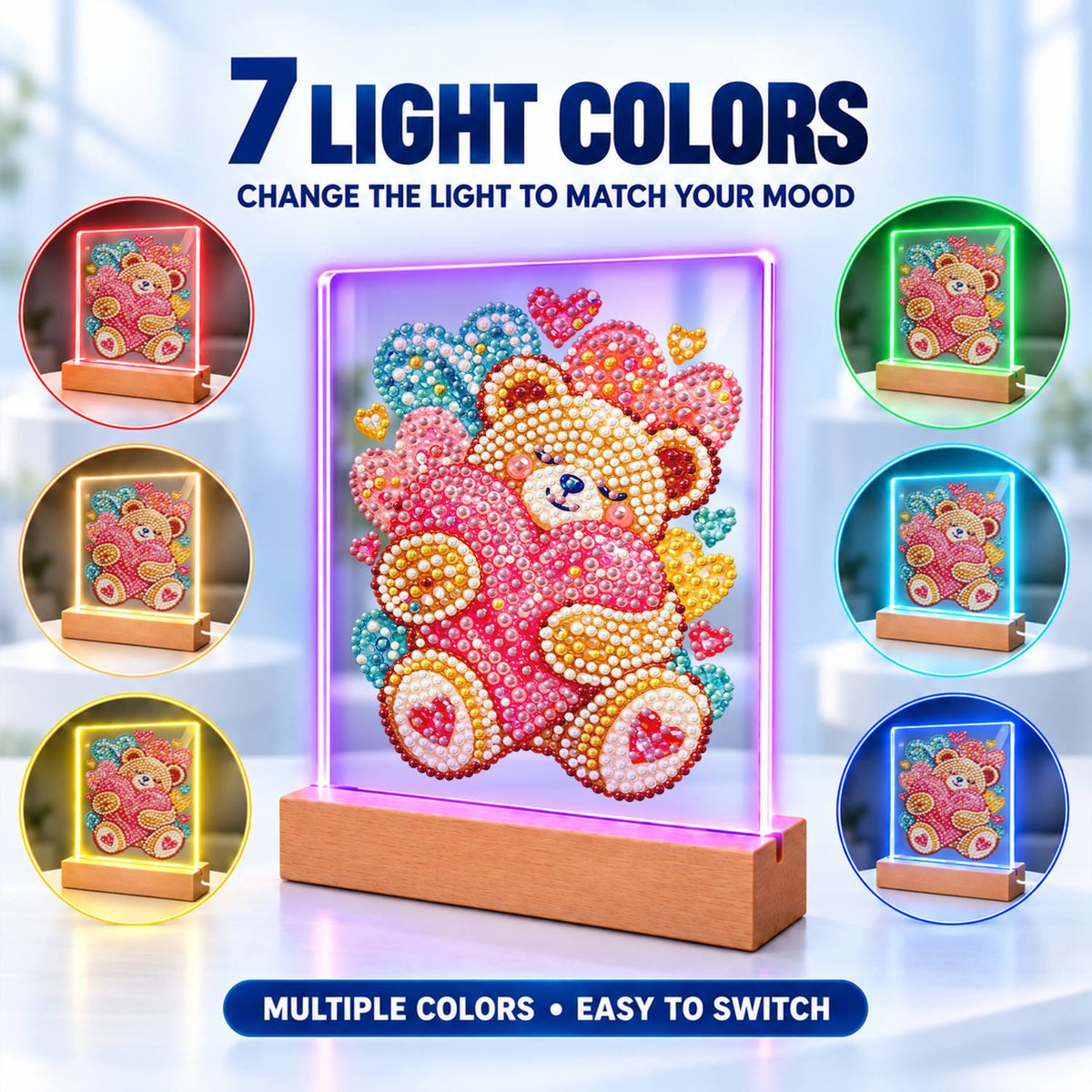 Teddy Bear Hugging a Pink Heart (Light-Up Pearl Painting)
