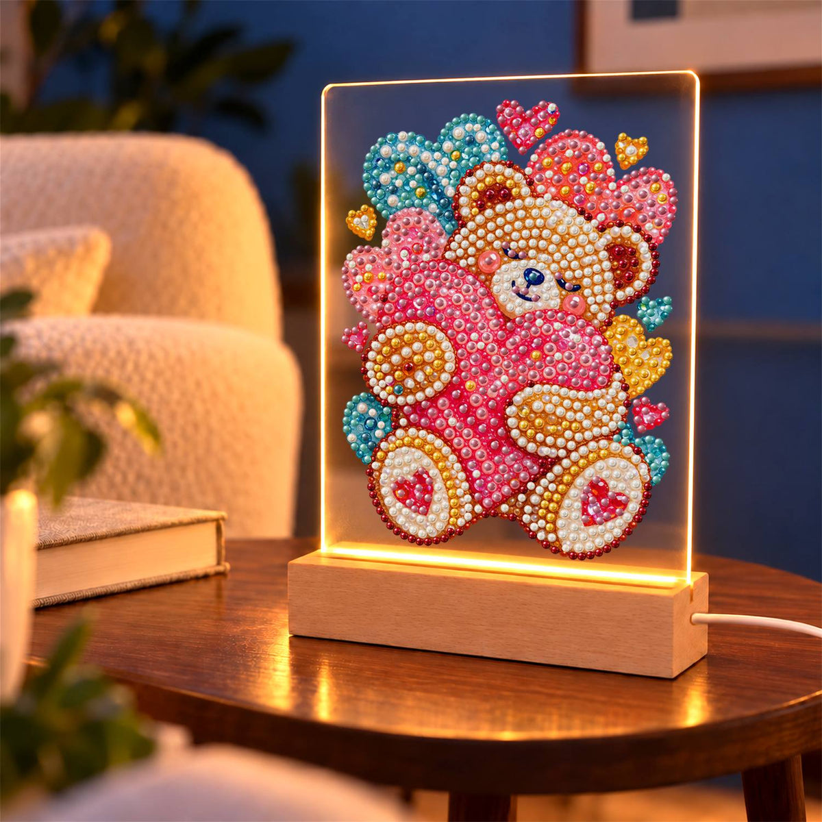 Teddy Bear Hugging a Pink Heart (Light-Up Pearl Painting)