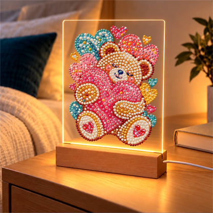 Teddy Bear Hugging a Pink Heart (Light-Up Pearl Painting)