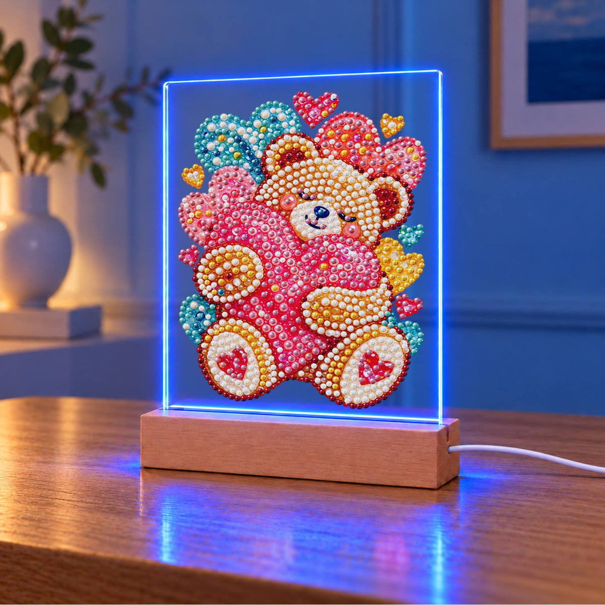 Teddy Bear Hugging a Pink Heart (Light-Up Pearl Painting)