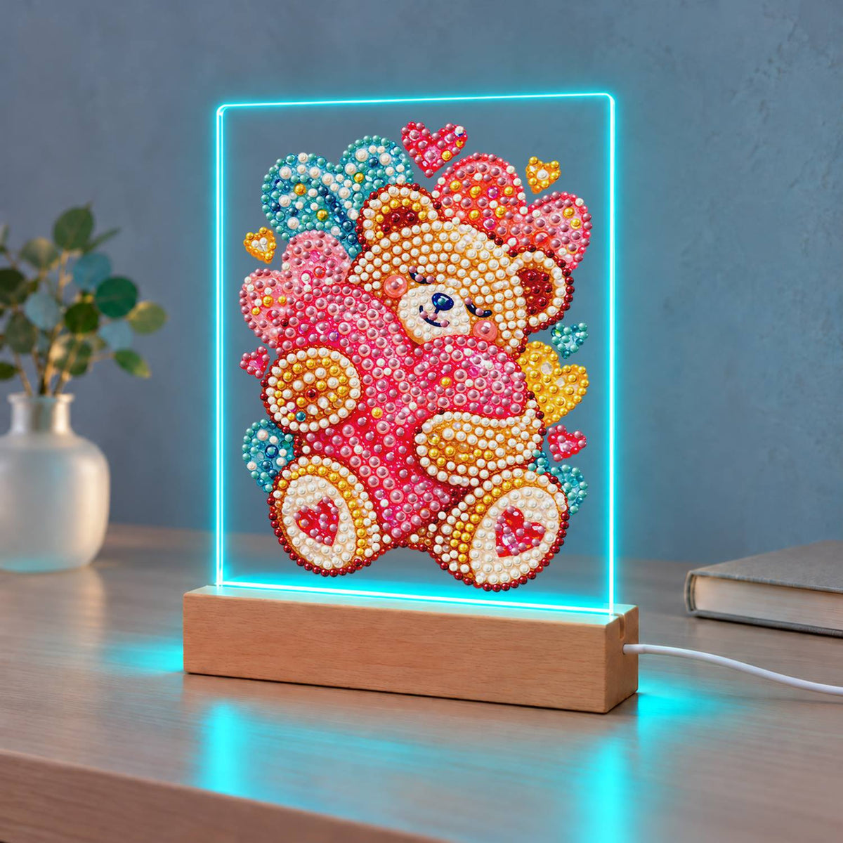 Teddy Bear Hugging a Pink Heart (Light-Up Pearl Painting)