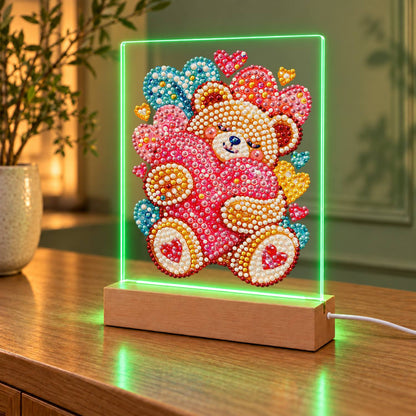 Teddy Bear Hugging a Pink Heart (Light-Up Pearl Painting)