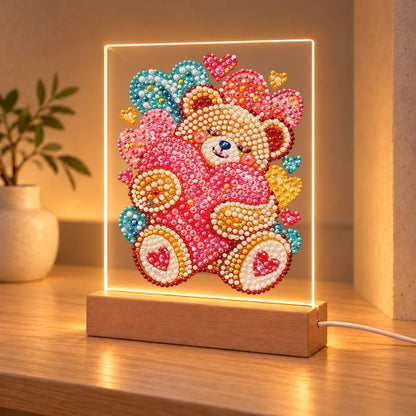 Teddy Bear Hugging a Pink Heart (Light-Up Pearl Painting)