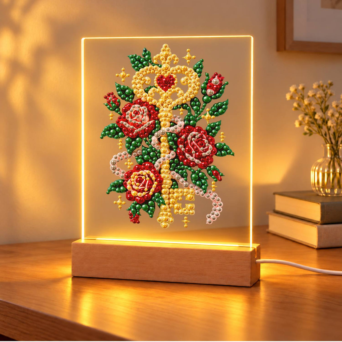 Golden Key Among Red Roses (Light-Up Pearl Painting)