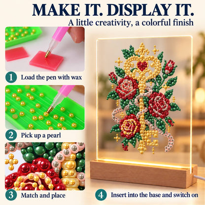 Golden Key Among Red Roses (Light-Up Pearl Painting)