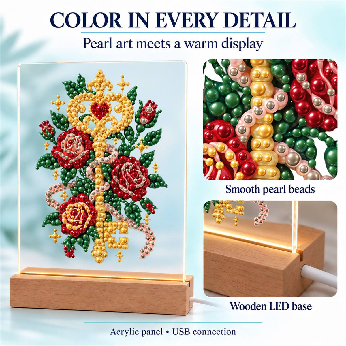 Golden Key Among Red Roses (Light-Up Pearl Painting)