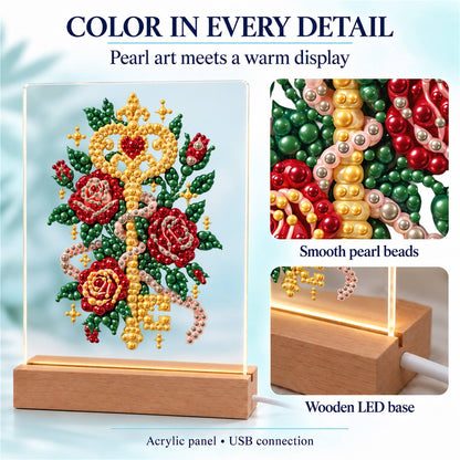 Golden Key Among Red Roses (Light-Up Pearl Painting)
