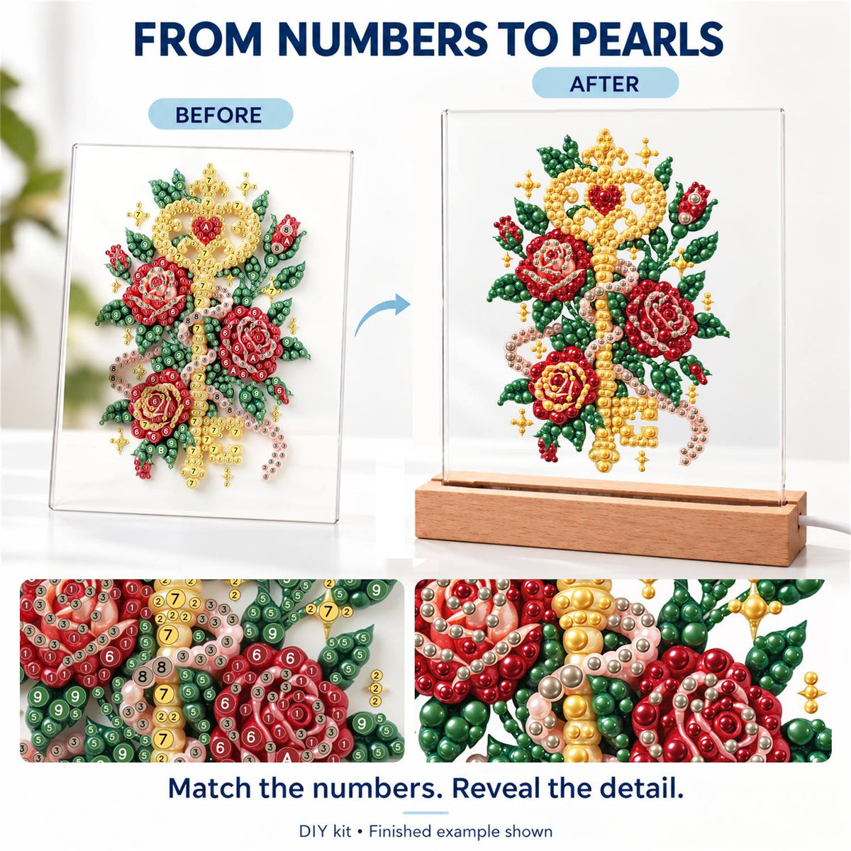 Golden Key Among Red Roses (Light-Up Pearl Painting)