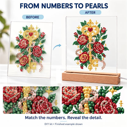 Golden Key Among Red Roses (Light-Up Pearl Painting)