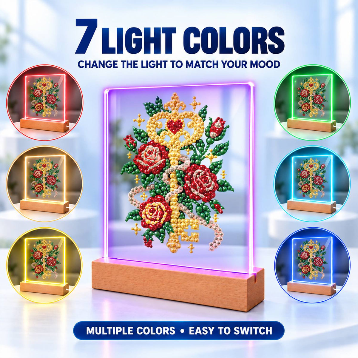 Golden Key Among Red Roses (Light-Up Pearl Painting)