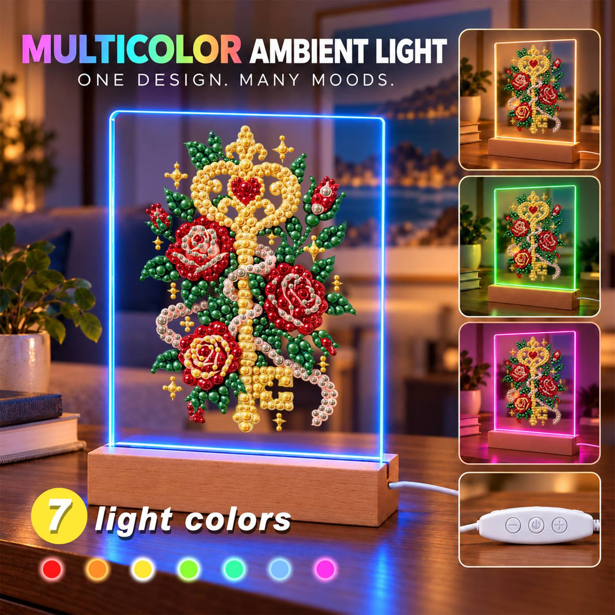 Golden Key Among Red Roses (Light-Up Pearl Painting)