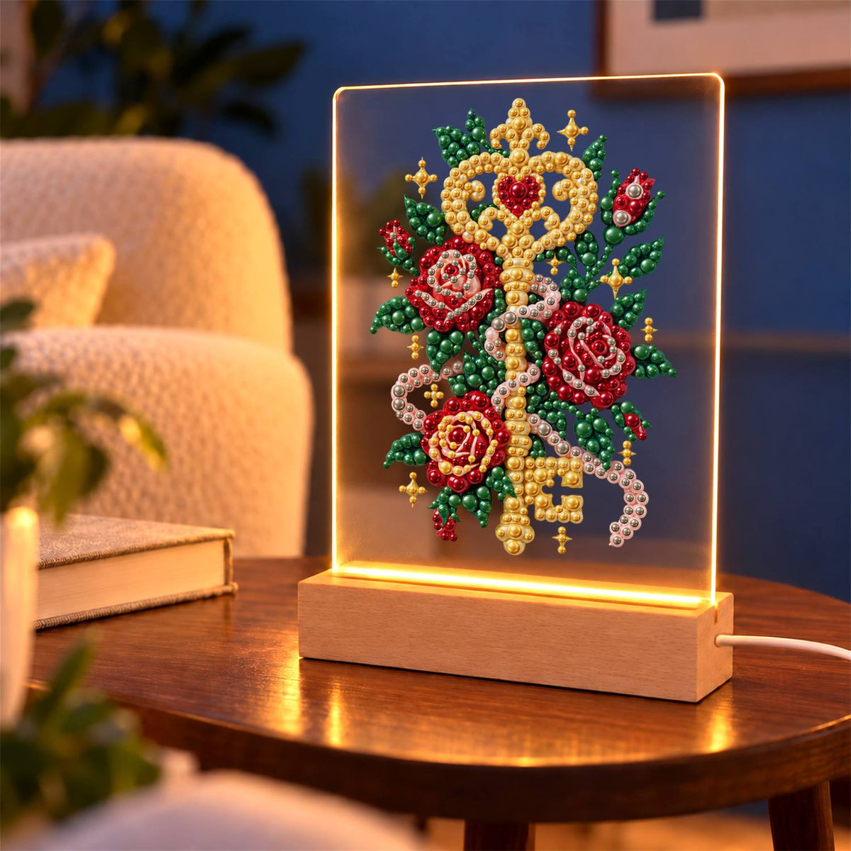 Golden Key Among Red Roses (Light-Up Pearl Painting)