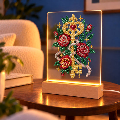 Golden Key Among Red Roses (Light-Up Pearl Painting)