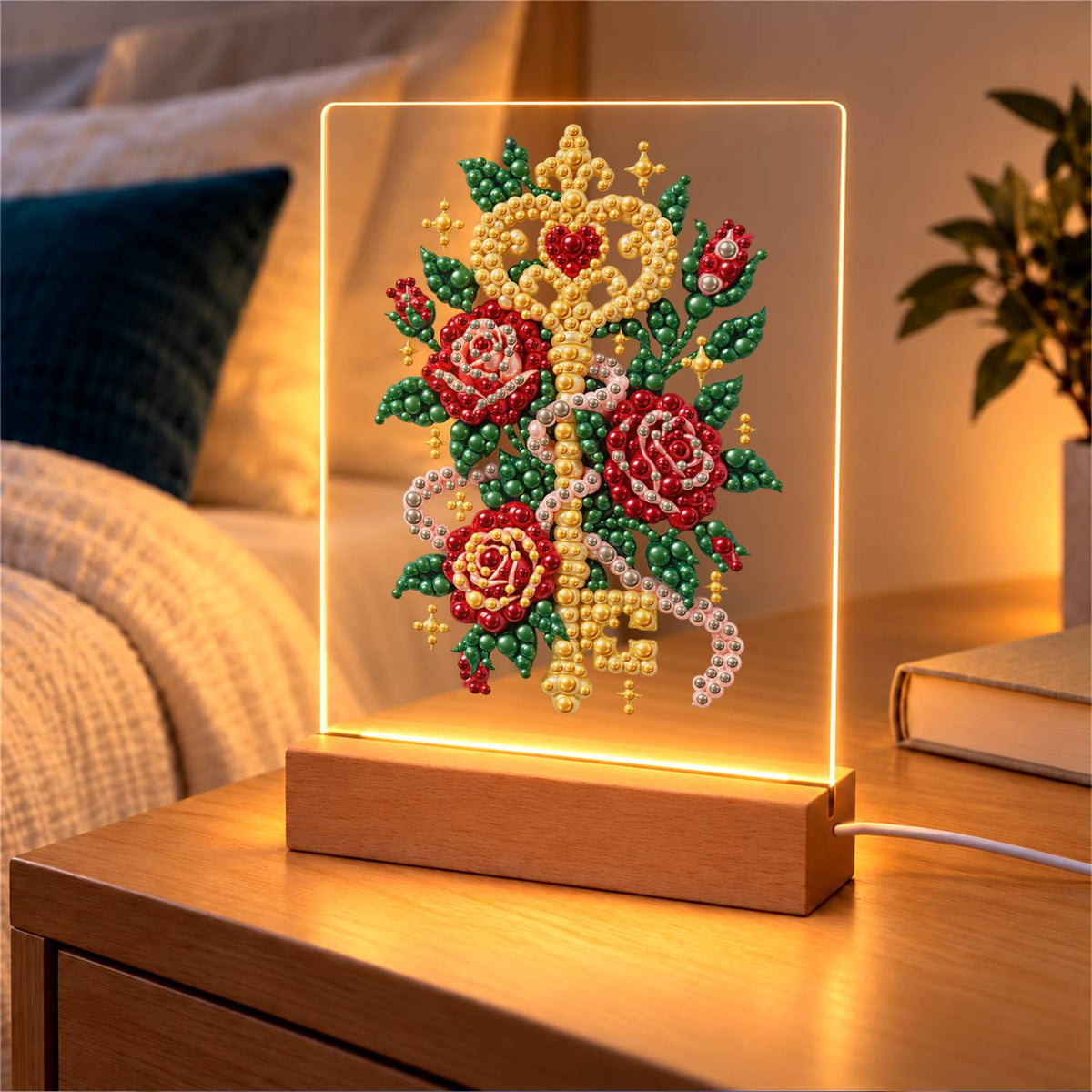 Golden Key Among Red Roses (Light-Up Pearl Painting)