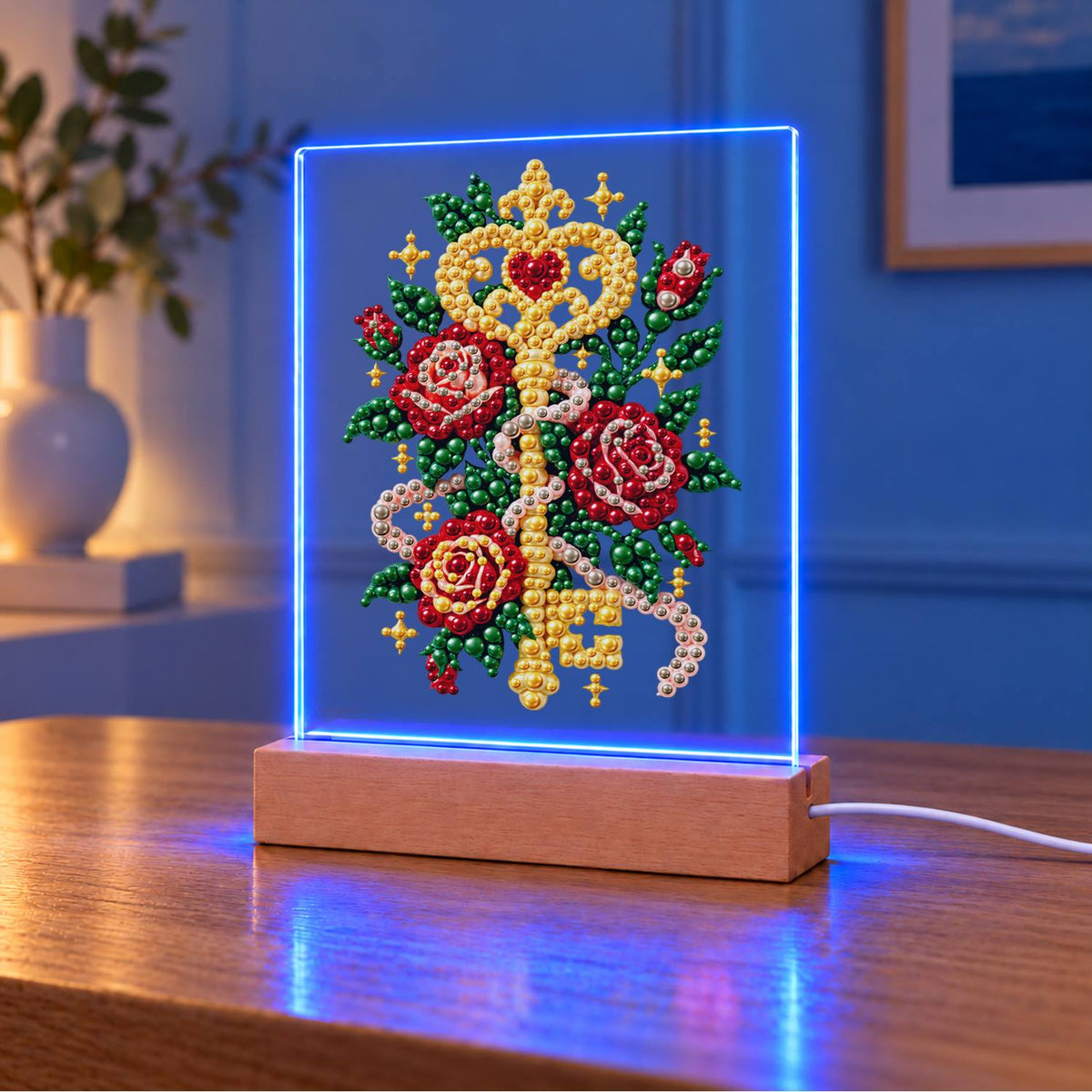 Golden Key Among Red Roses (Light-Up Pearl Painting)