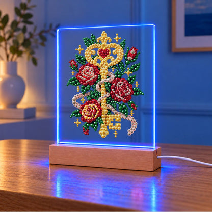 Golden Key Among Red Roses (Light-Up Pearl Painting)