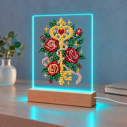 Golden Key Among Red Roses (Light-Up Pearl Painting)
