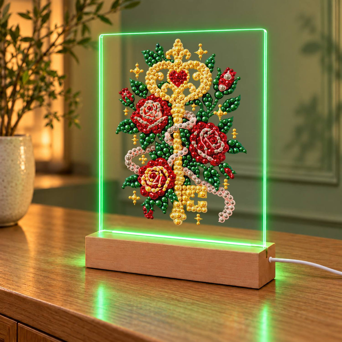 Golden Key Among Red Roses (Light-Up Pearl Painting)