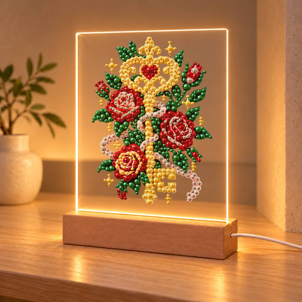 Golden Key Among Red Roses (Light-Up Pearl Painting)