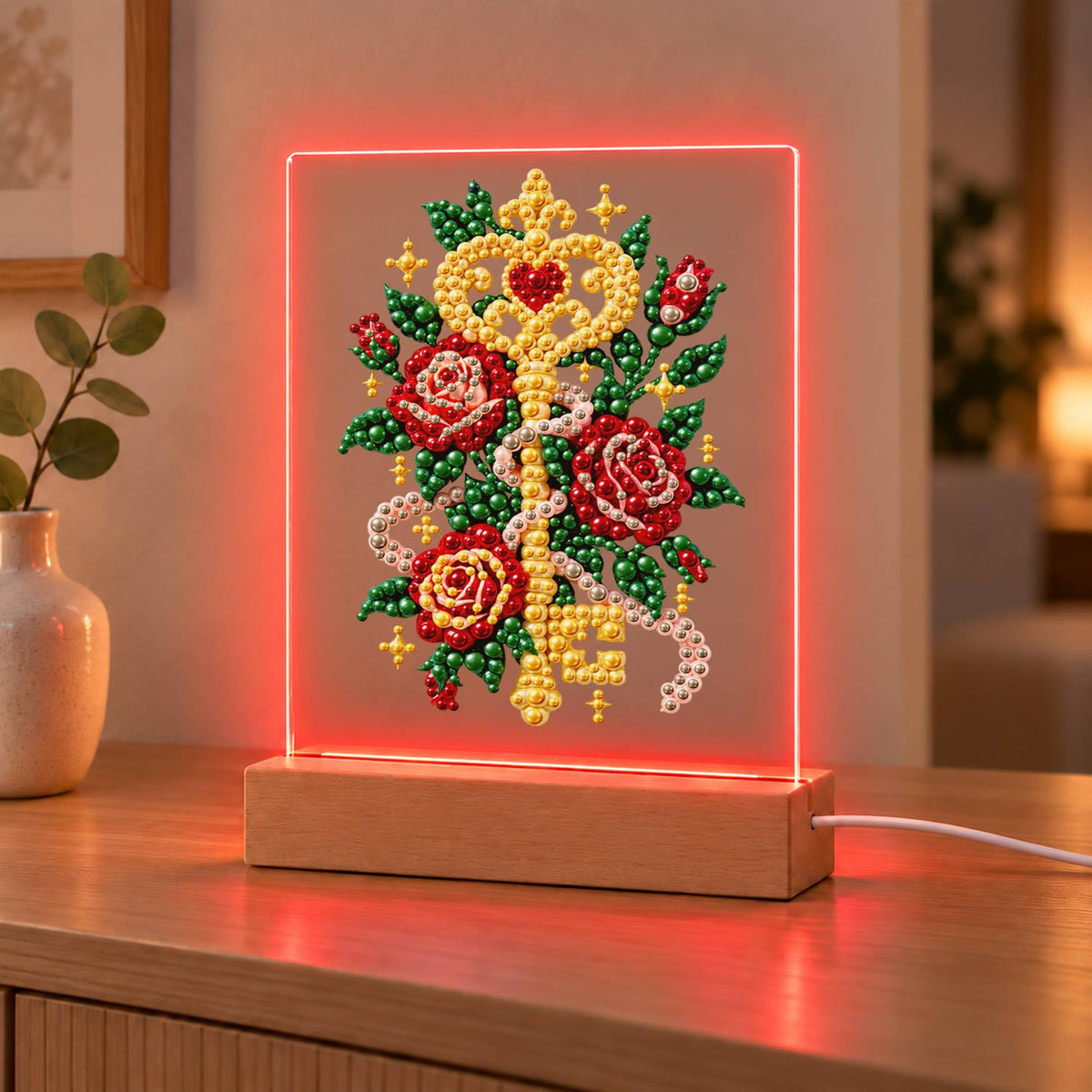 Golden Key Among Red Roses (Light-Up Pearl Painting)