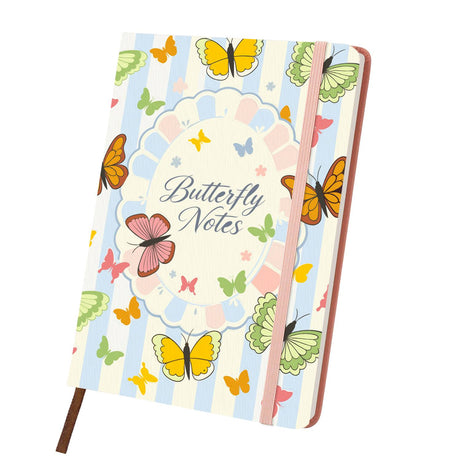 Pastel Butterfly Garland paint by numbers notebook – Orange, yellow and pink butterflies around a scalloped frame on pastel blue stripes, Butterfly Notes script, pink notebook