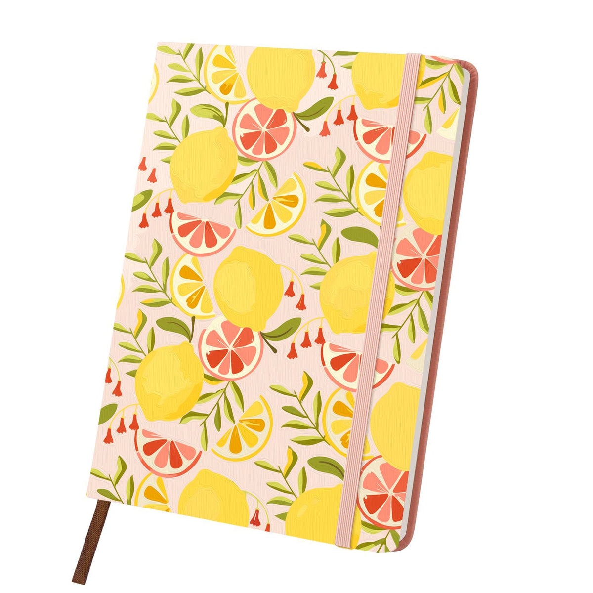 Lemon and Grapefruit Medley paint by numbers notebook – All-over pattern of lemons, grapefruit slices and green leaves on a blush background, pink notebook