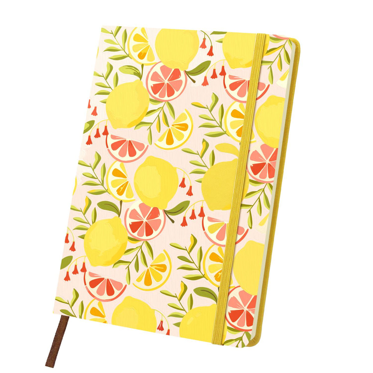 Lemon and Grapefruit Medley paint by numbers notebook – All-over pattern of lemons, grapefruit slices and green leaves on a blush background, yellow notebook