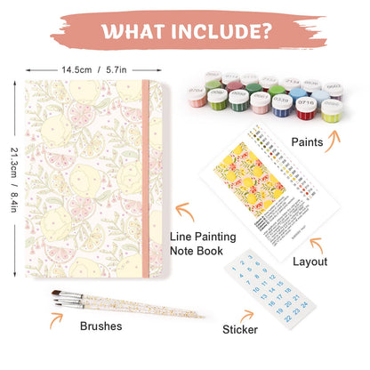 Lemon and Grapefruit Medley paint by numbers notebook – what's in the kit: the notebook, numbered paints, brushes, layout sheet and stickers