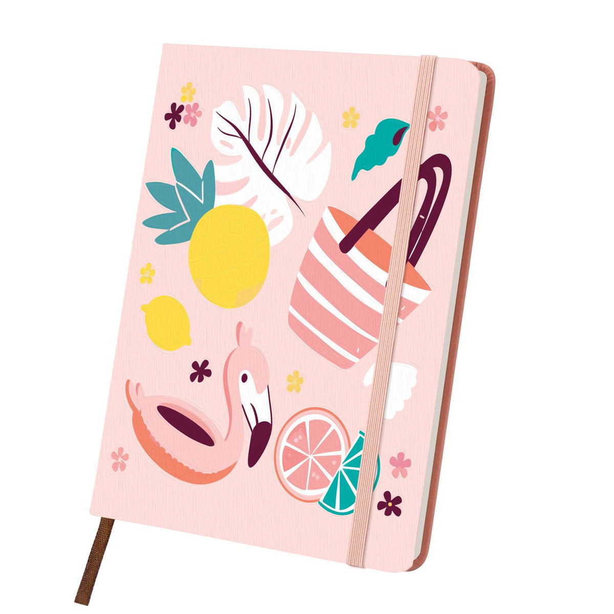 Flamingo Float Beach Day paint by numbers notebook – Flamingo pool float, pineapple, striped beach carryall, palm leaves and citrus slices on blush pink, pink notebook