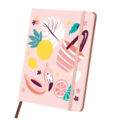 Flamingo Float Beach Day paint by numbers notebook – Flamingo pool float, pineapple, striped beach carryall, palm leaves and citrus slices on blush pink, pink notebook