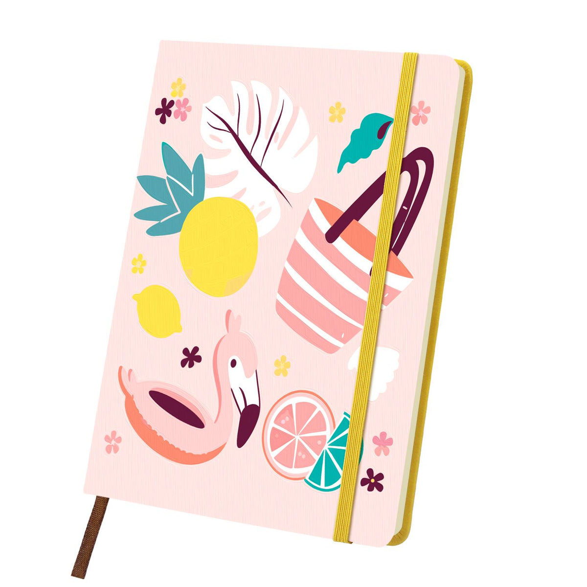 Flamingo Float Beach Day paint by numbers notebook – Flamingo pool float, pineapple, striped beach carryall, palm leaves and citrus slices on blush pink, yellow notebook