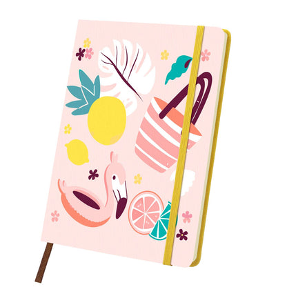 Flamingo Float Beach Day paint by numbers notebook – Flamingo pool float, pineapple, striped beach carryall, palm leaves and citrus slices on blush pink, yellow notebook