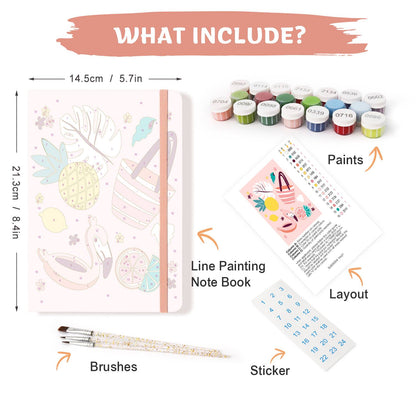 Flamingo Float Beach Day paint by numbers notebook – what's in the kit: the notebook, numbered paints, brushes, layout sheet and stickers