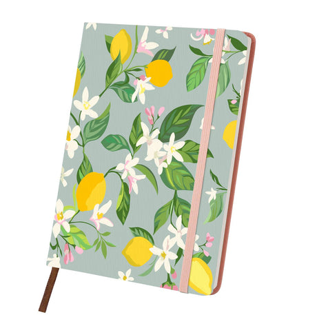 Lemon Grove on Sage Green paint by numbers notebook – Lemons, white blossoms and glossy green leaves on a soft sage-grey background, pink notebook