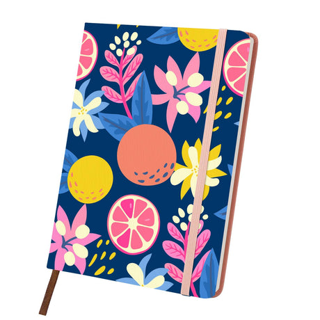 Midnight Citrus and Blooms paint by numbers notebook – Pink grapefruit slices, oranges and bright pink, blue and yellow flowers on deep navy, pink notebook