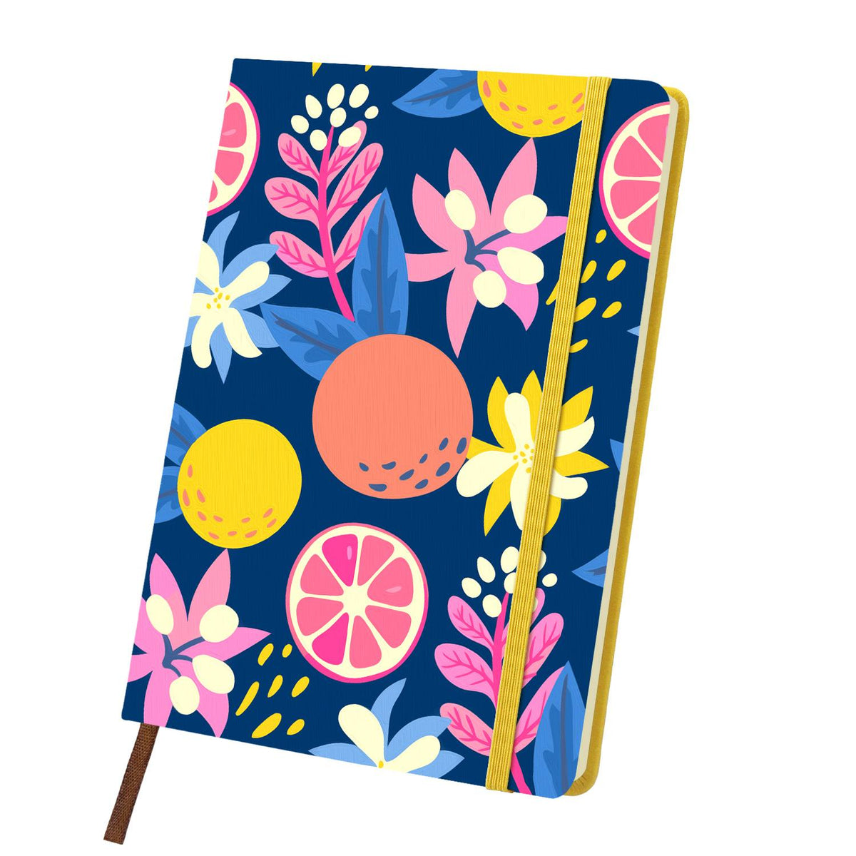 Midnight Citrus and Blooms paint by numbers notebook – Pink grapefruit slices, oranges and bright pink, blue and yellow flowers on deep navy, yellow notebook