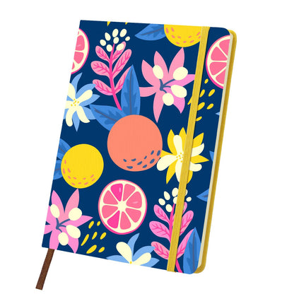 Midnight Citrus and Blooms paint by numbers notebook – Pink grapefruit slices, oranges and bright pink, blue and yellow flowers on deep navy, yellow notebook