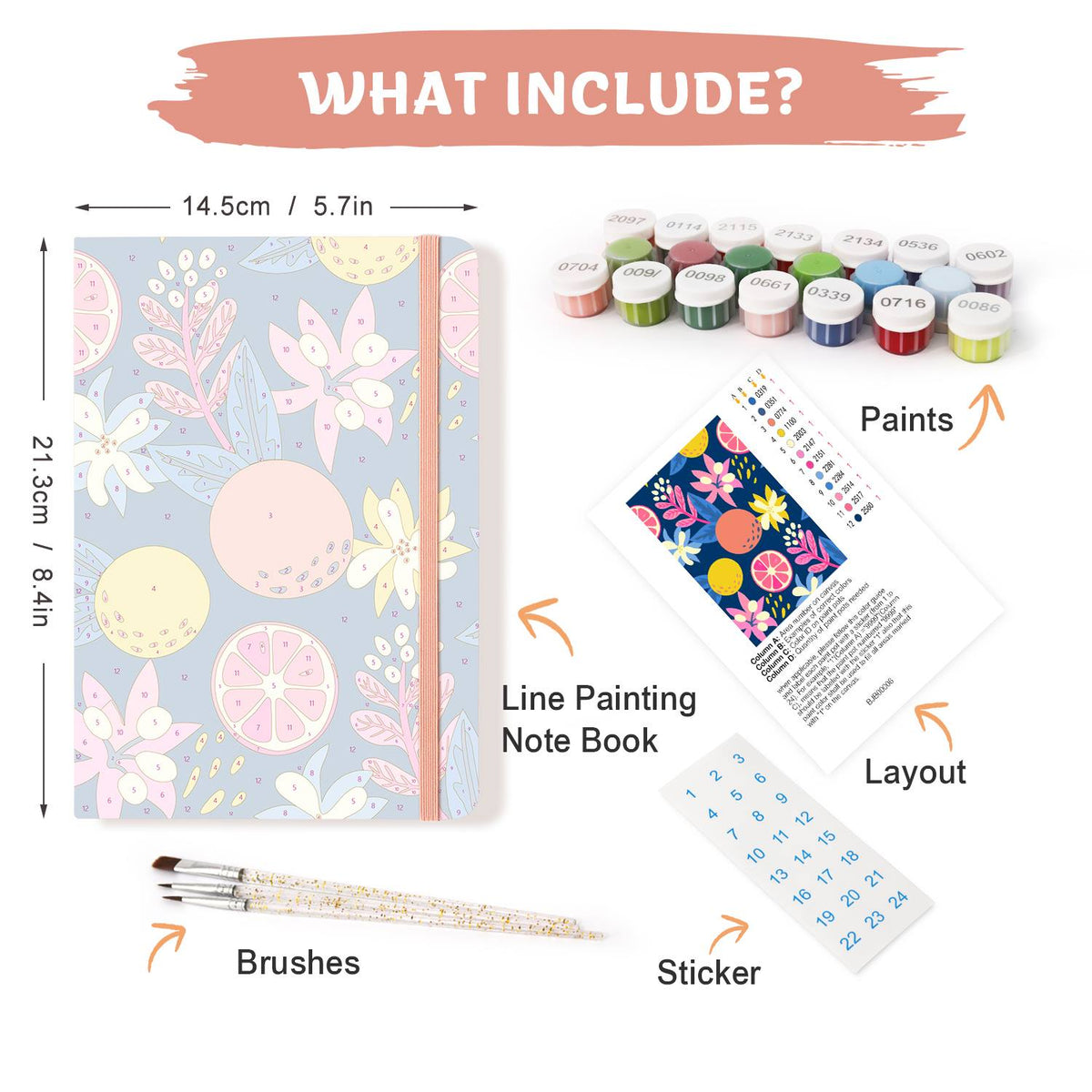 Midnight Citrus and Blooms paint by numbers notebook – what's in the kit: the notebook, numbered paints, brushes, layout sheet and stickers