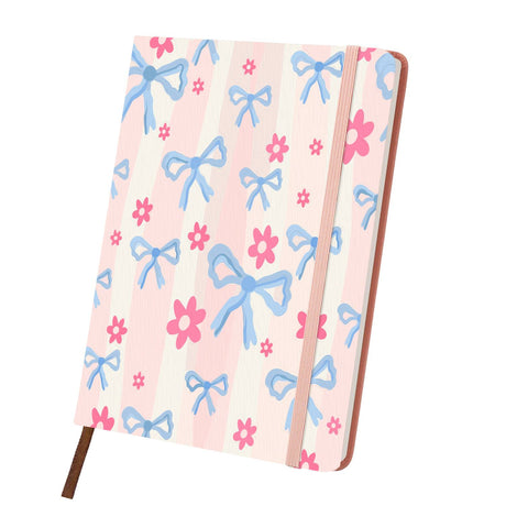 Powder Blue Ribbons and Blossoms paint by numbers notebook – Powder blue ribbon bows and small pink flowers on soft pink and white stripes, pink notebook