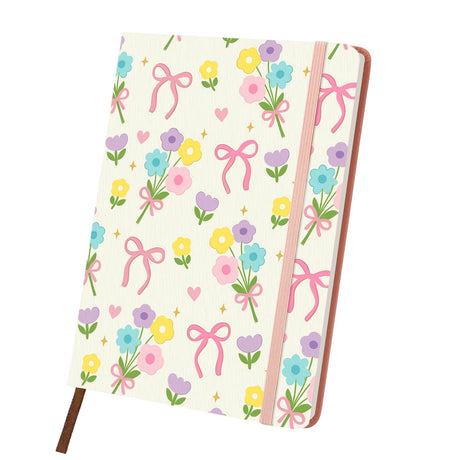 Posies and Pink Ribbons paint by numbers notebook – Small pastel flower posies tied with pink ribbon bows, hearts and sparkles on cream, pink notebook