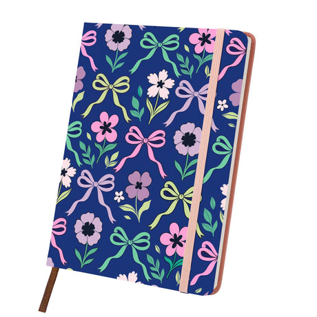 Navy Ribbon Garden paint by numbers notebook – Green, pink and lilac ribbon bows with pink and purple flowers on deep navy, pink notebook